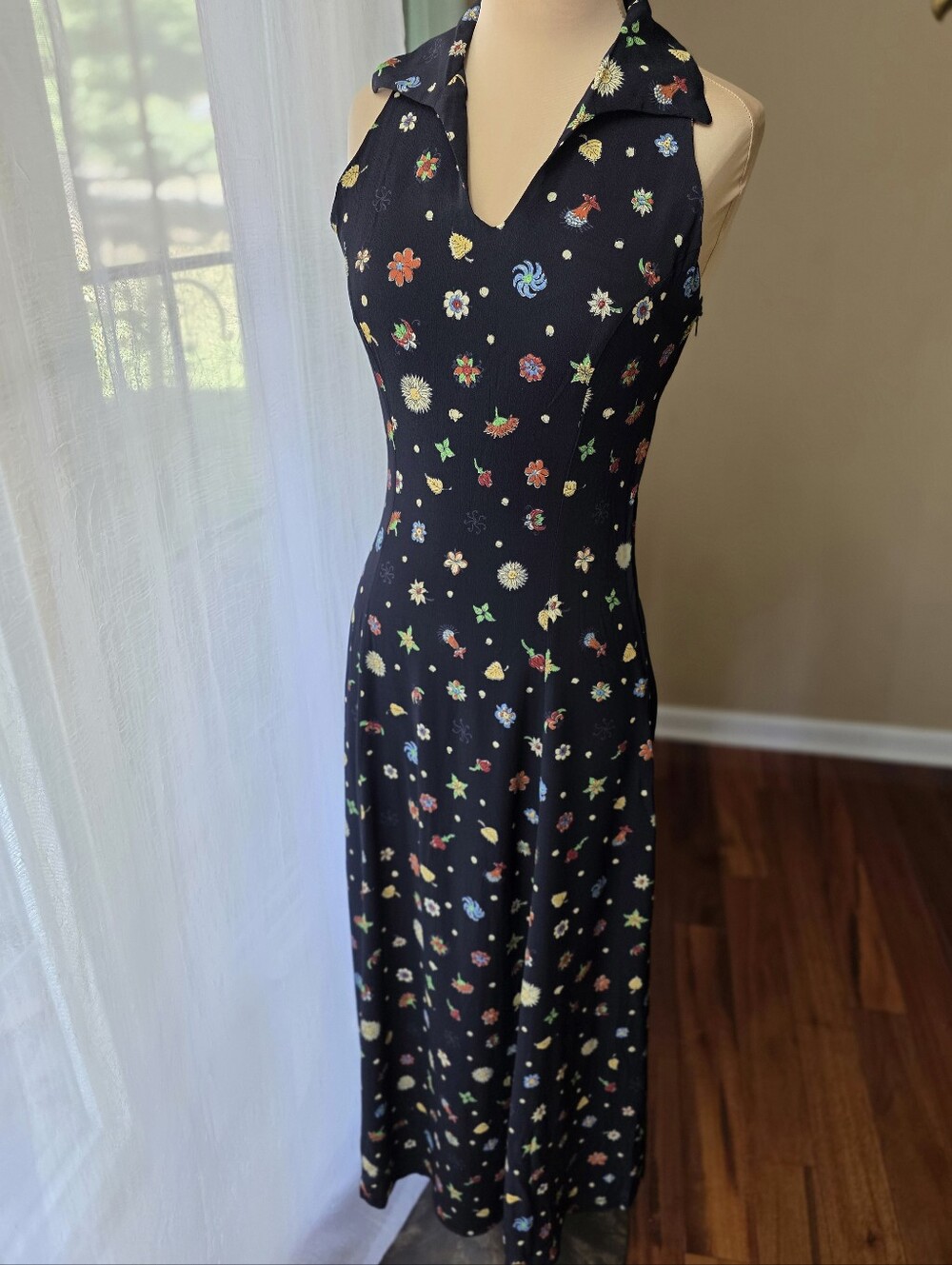 Vintage 70s Black Novelty Floral Print Collared Sleeveless Maxi Dress Boho Small
